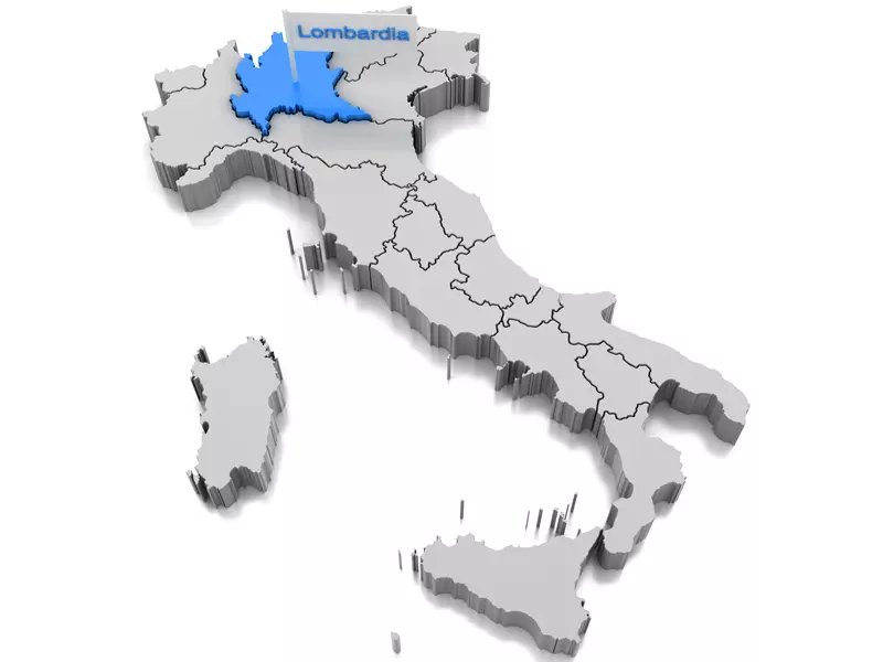 Impresa di pulizie Antonella zone in cui operiamo. Cartina in 3D dell'Italia divisa per regioni con la Lombardia in blu e una bandirina con su scritto sempre in blu Lombardia