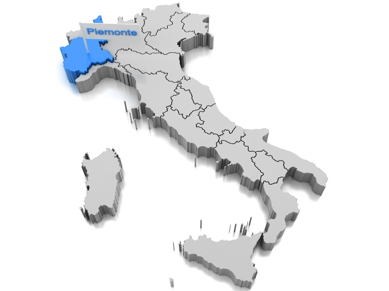Impresa di pulizie Antonella zone in cui operiamo. Cartina in 3D dell'Italia divisa per regioni con la Piemonte in blu e una bandirina con su scritto sempre in blu Piemonte