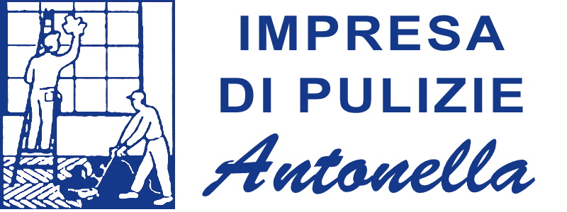 Impresa di Pulizie Antonella Logo. Disegno blu di due operatori intemti a pulire una vetrata su una scala e il paviemnto con la scritta di fianco Impresa di Pulizie Anotnella