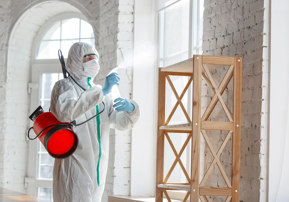Impresa di pulizie Antonella Igenizzazione e sanificazione degli ambienti. Operatore bardato con tuta bianca che lo copre dalla testa ai piedi con mascherina e copri viso traspante con a tracolla un contenitore rosso, intento a spruzzare per sanificare l'ambiente