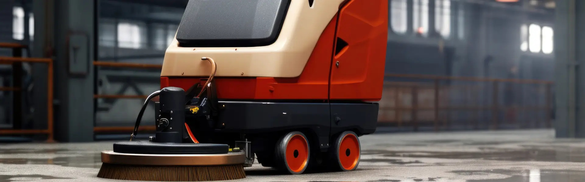 Impresa di Pulizie Antonella Pulizia fabbriche. Macchinario, con spazzola rotonda ,bianco arancione e nero all'interno di un piano di una fabbrica du un pavimento bagnato